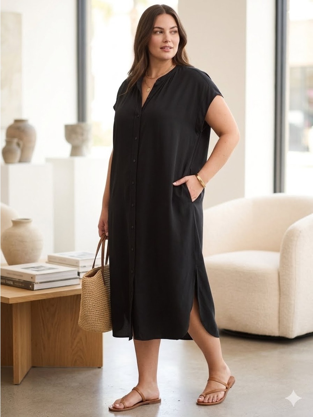Quince Black Washable Stretch Silk Midi Short Dolman Sleeve Shirt Dress large